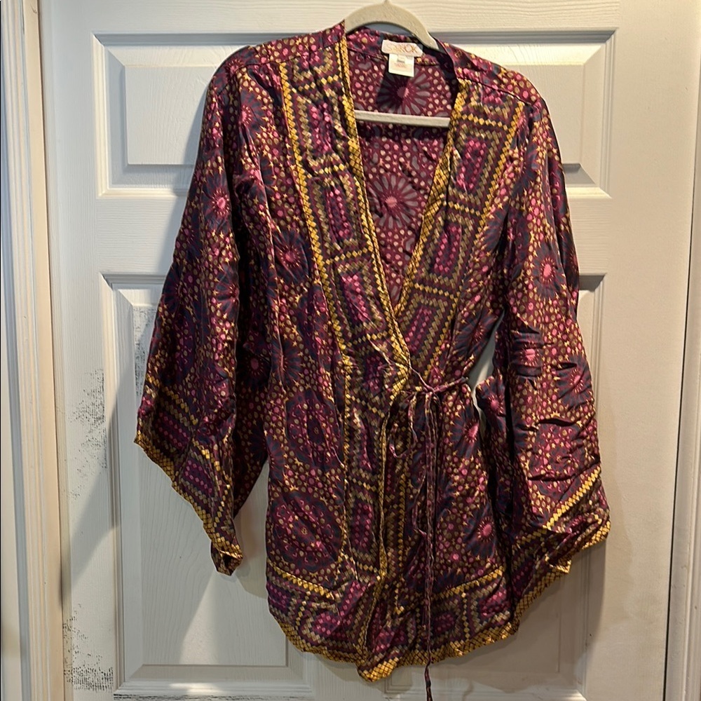 LaRok 100% Silk Purple Bohemian Printed Wrap Kimono Mini Dress XS/S Festival